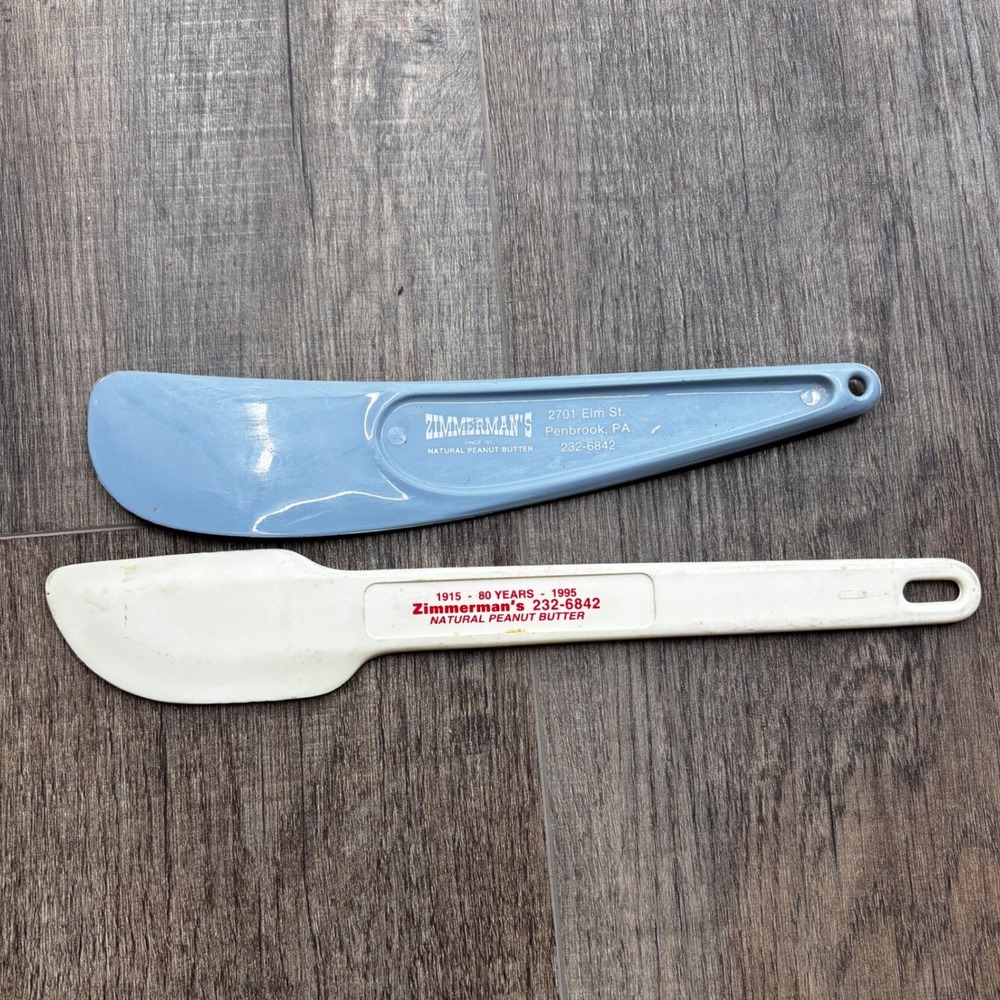 Vintage Zimmerman's Natural Peanut Butter Spreader Set Blue White 80th Anniv PA